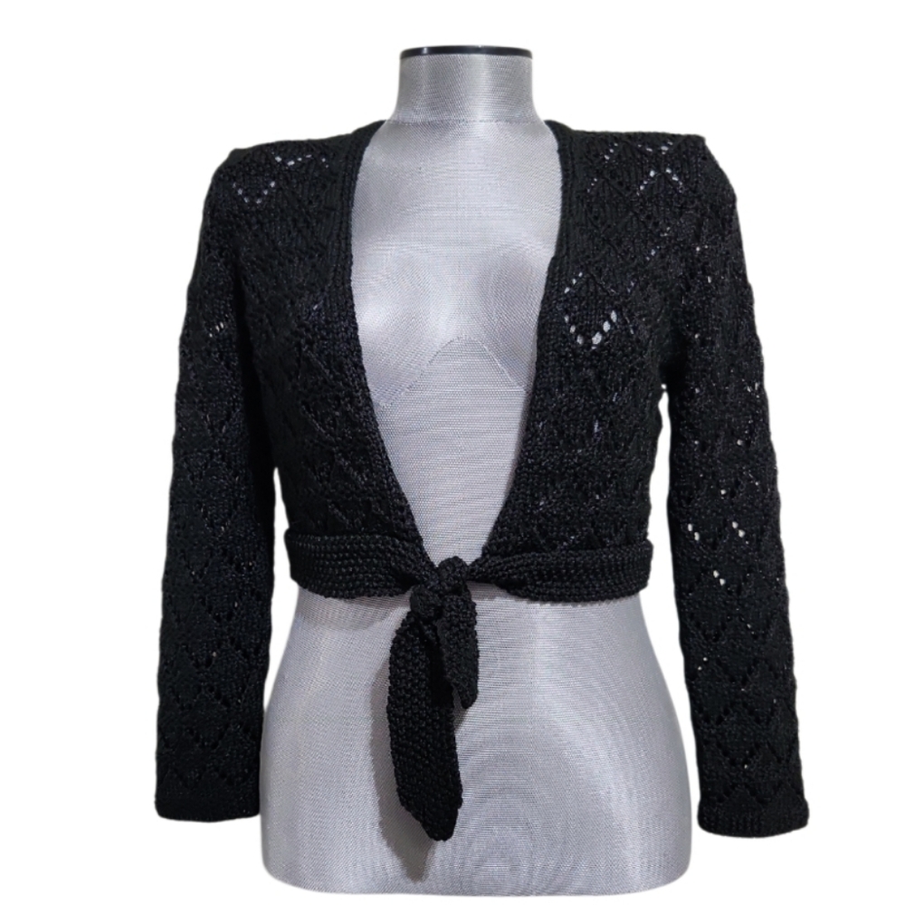 The Limited Black Crocheted Front Tie Cropped Shrug Sweater (S)